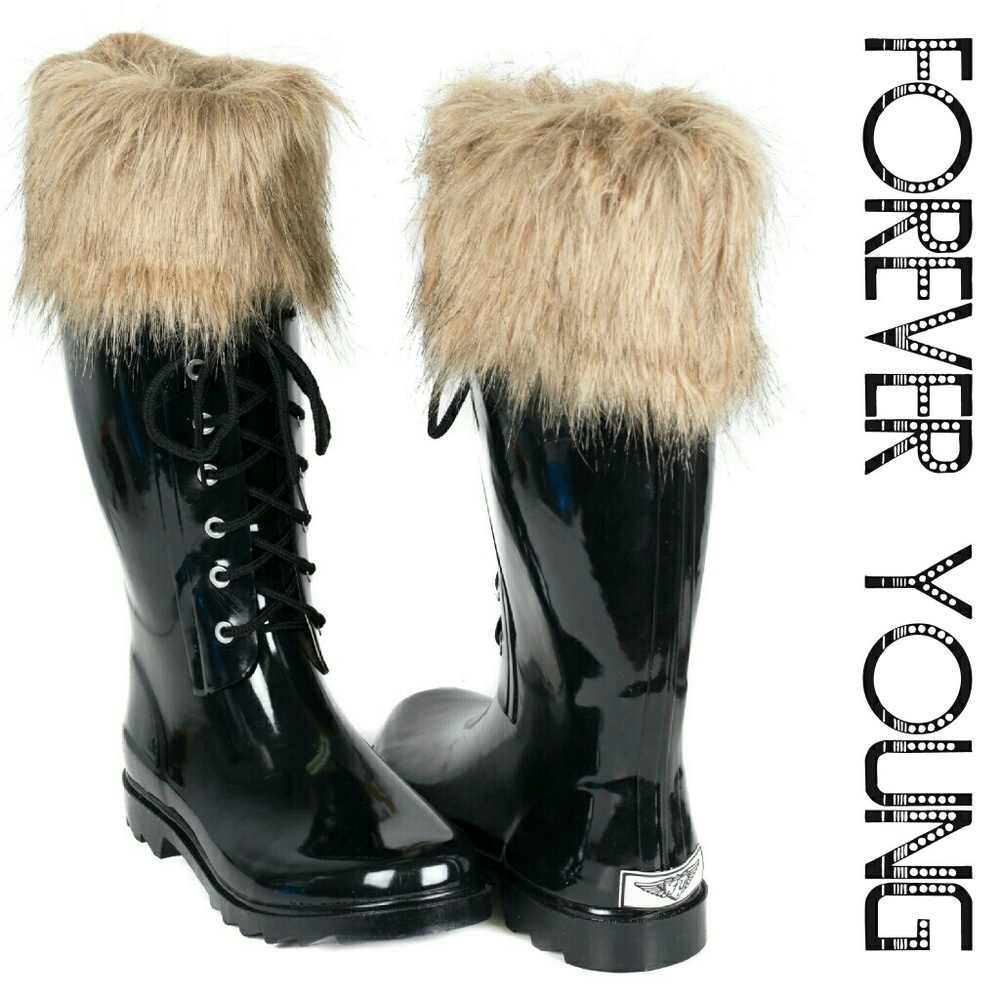 Women Tall Rain Boots with  Fur Cuff, #1802, Black